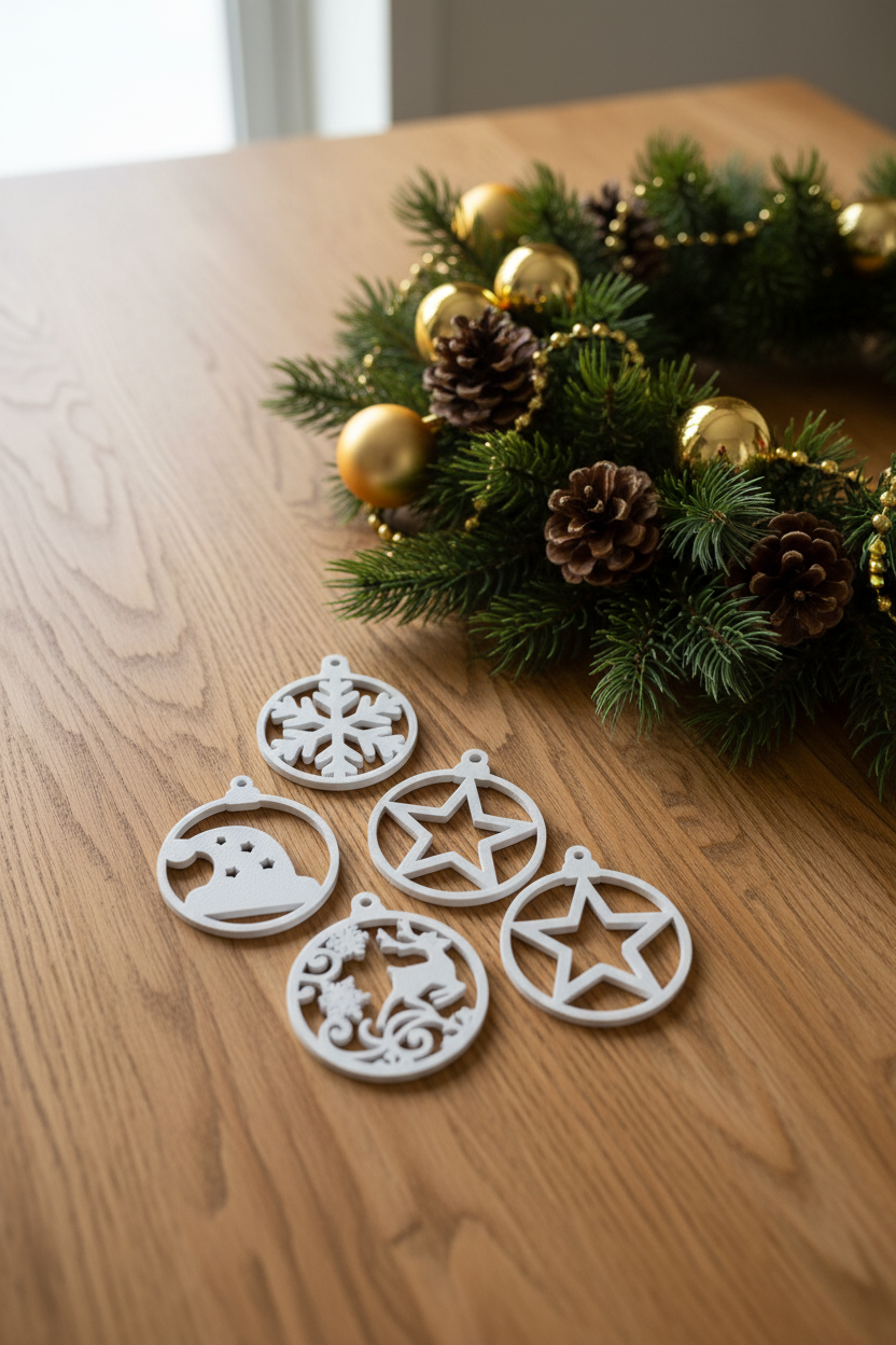 White filigree Christmas bauble ornaments rustic oak table pine garland gold baubles pinecones four designs reindeer snowflake star bells natural daylight festive portrait