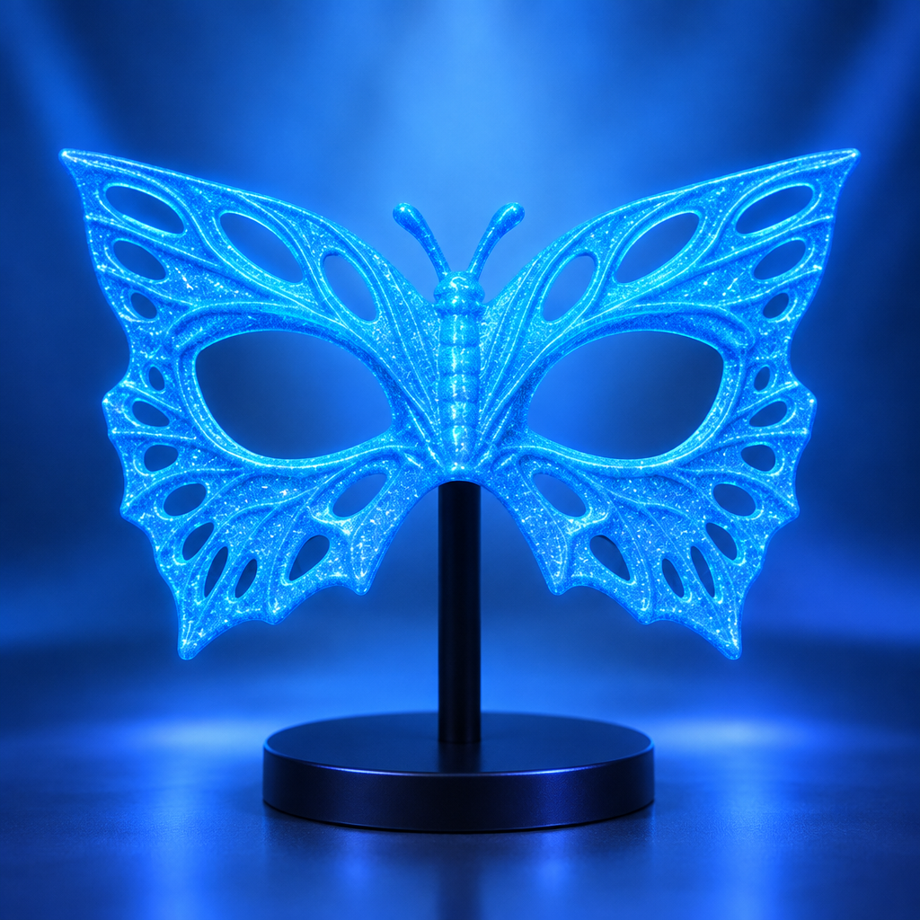 Neon Glitter Glow Blue Butterfly Mask displayed in a blue-lit photo studio.