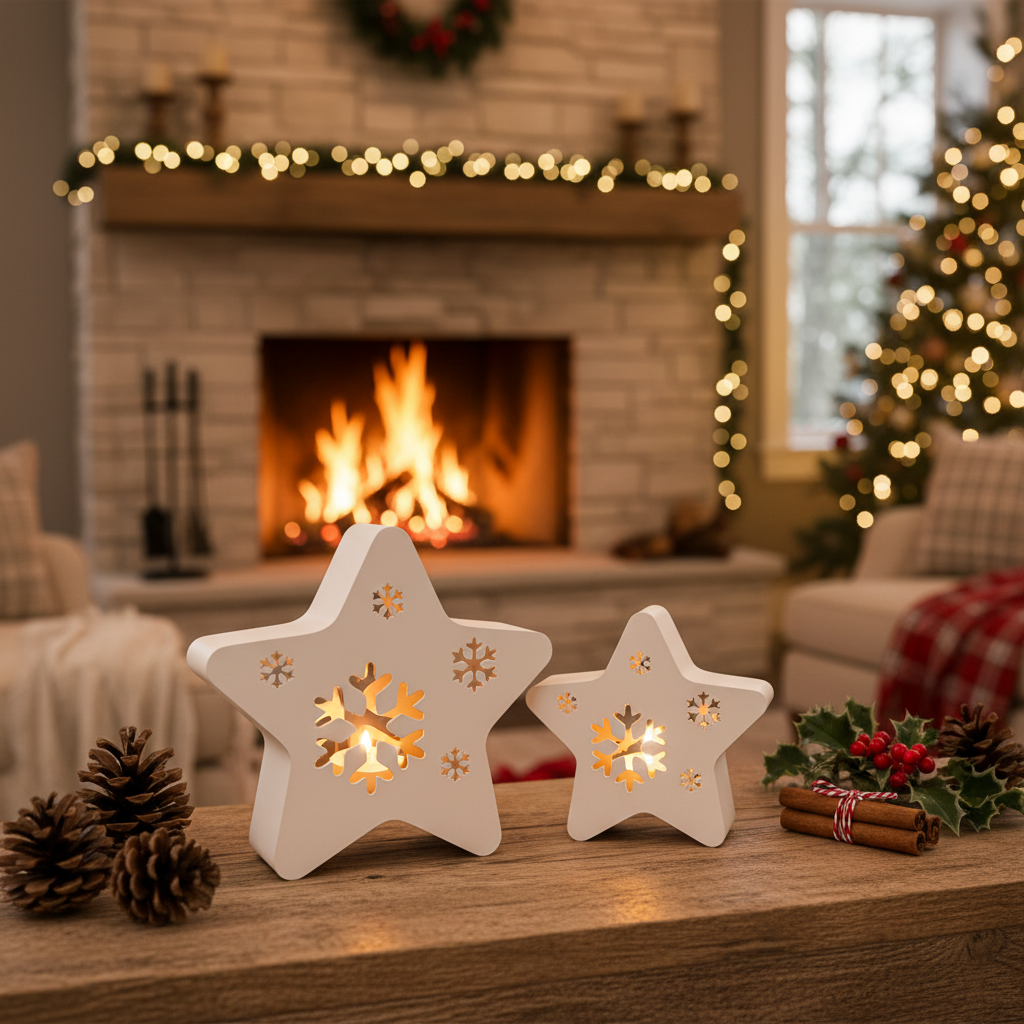 Two star snowflake tealight holders glowing on mantelpiece with pine cones and holly lifestyle