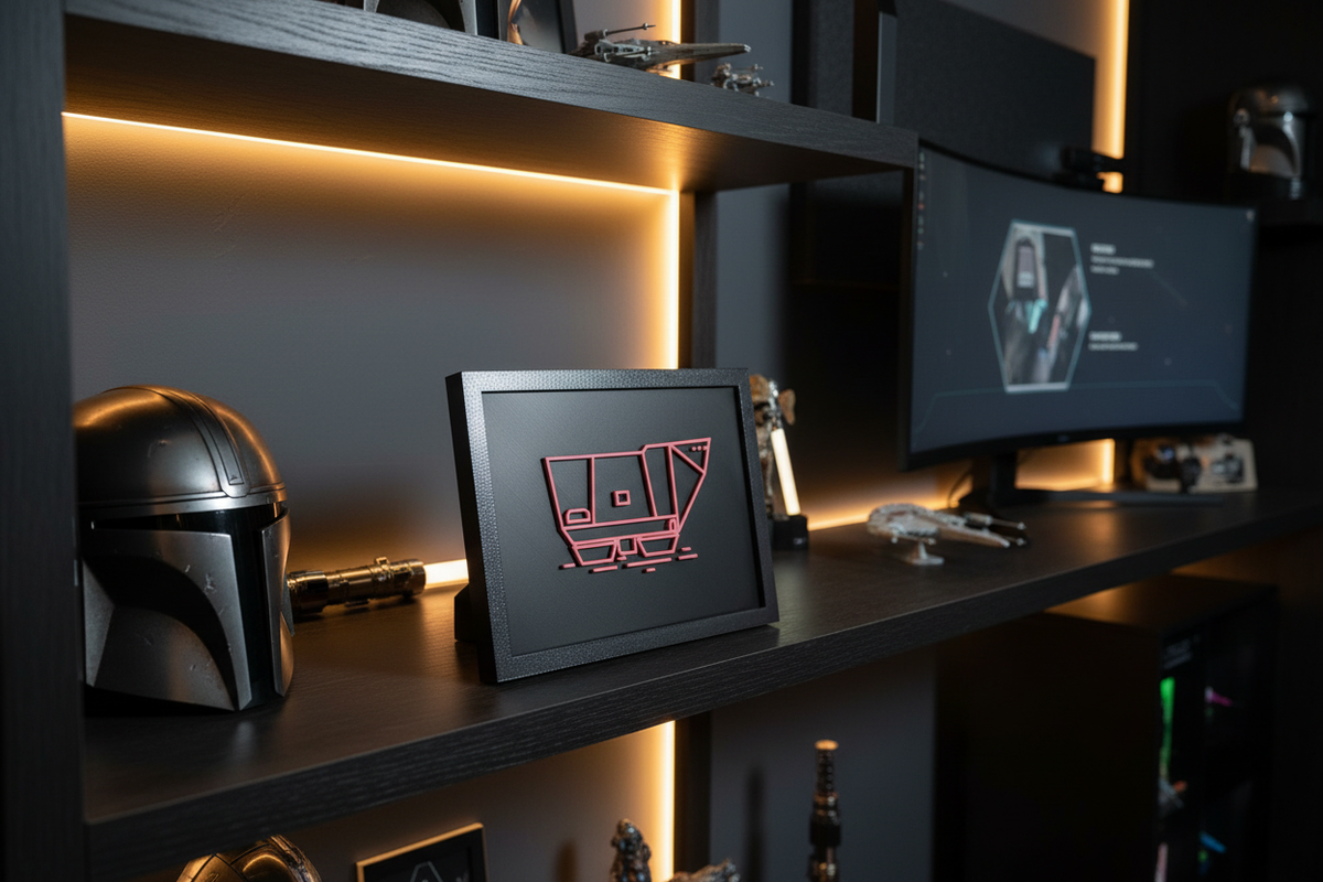 Sandcrawler Neon Line Art shadow box on a dark wooden shelf in a moody gaming room with rose pink finish