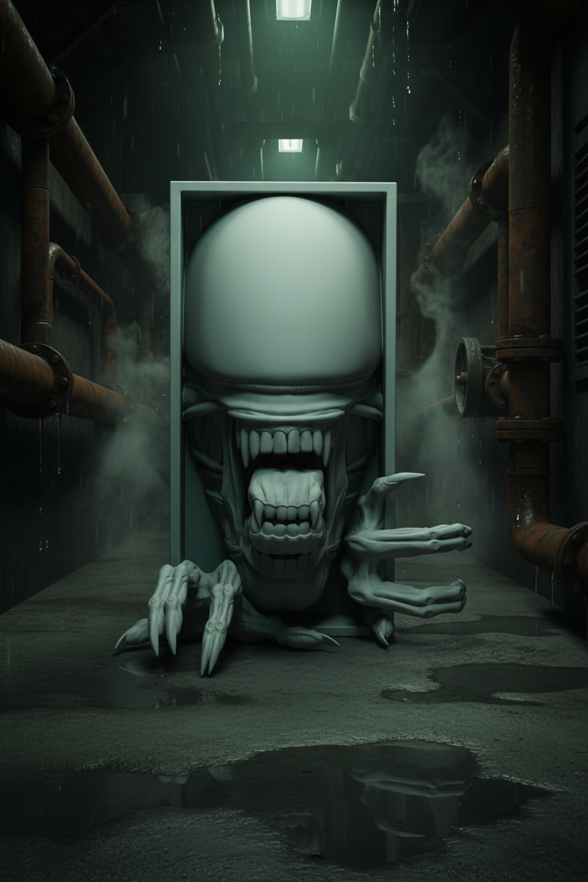 Alien Xenomorph book nook relief sculpture grey framed box dark industrial corridor steam pipes dripping water concrete floor atmospheric science fiction horror portrait