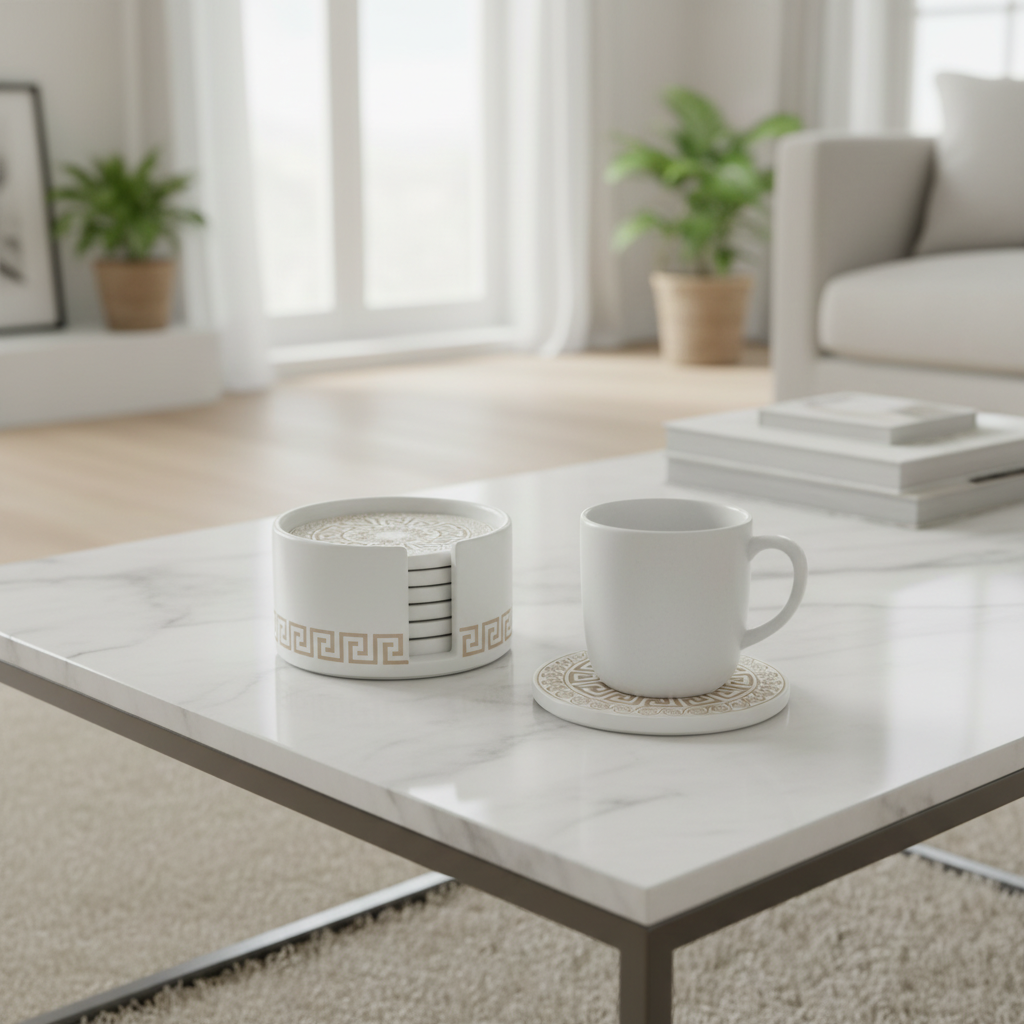 Greek Design Coaster Set - White colourway on marble table with mug