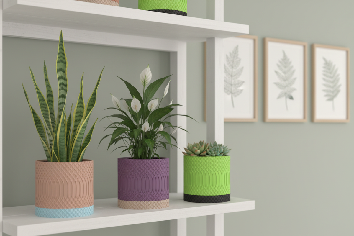 Two-Tone Textured Planter three colours on shelving terracotta purple neon green