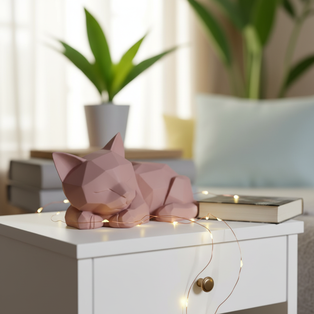 Dusty pink Low-Poly Sleeping Kitten Sculpture on a bedroom nightstand with fairy lights and a book