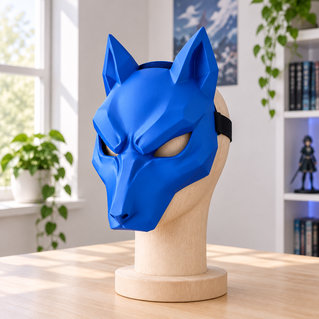 Blue angular Kitsune Wolf Mask on a light display stand