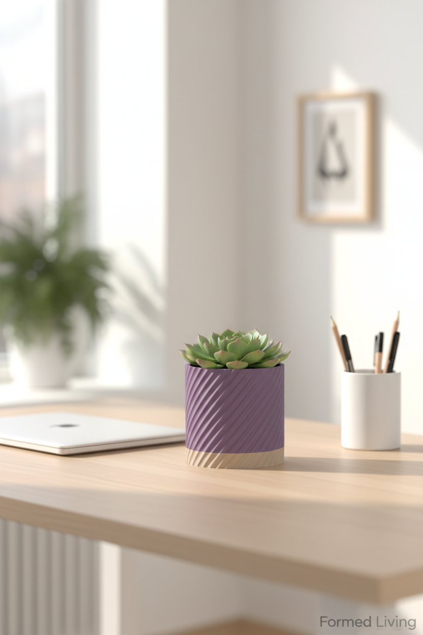 Twist Texture Self-Watering Planter purple on oak desk with MacBook