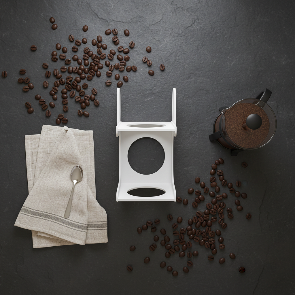 Overhead flat lay of Cupstack with coffee beans and French press