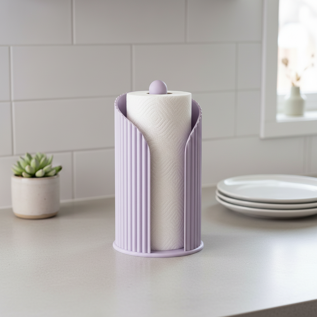 Inca Ribbed Paper Towel Holder - purple colourway with kitchen roll on concrete counter, succulent and white plates in background