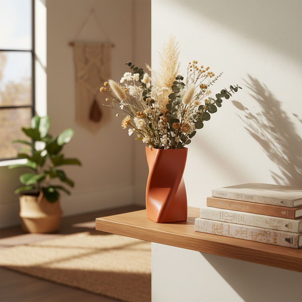 Terracotta orange swirled vase on oak shelf with dried wildflowers and stacked books, boho living room