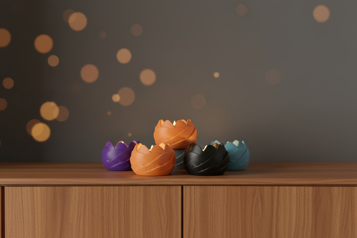 Five Leaf Petal Tealight Holders purple orange black grey blue matte petal scalloped form each holding lit tealight arranged cluster warm walnut sideboard moody dark wall atmospheric candlelight glow soft bokeh background wide editorial landscape
