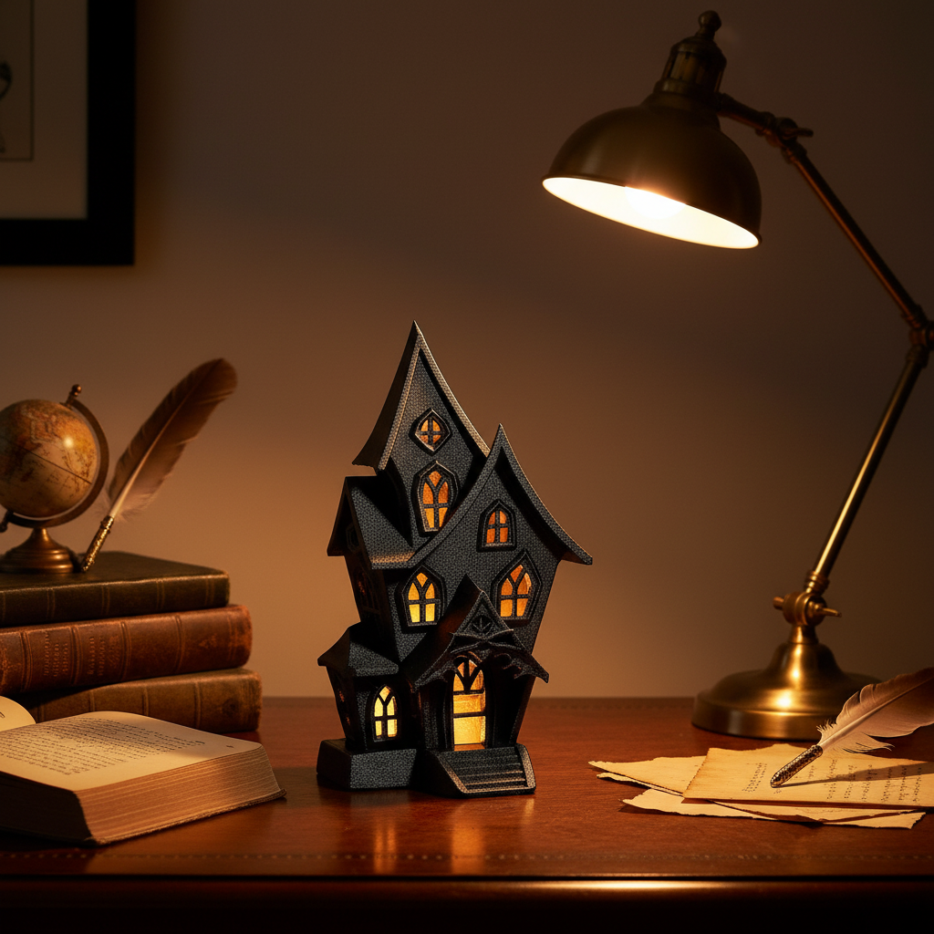Haunted house tealight holder on a dark academia desk