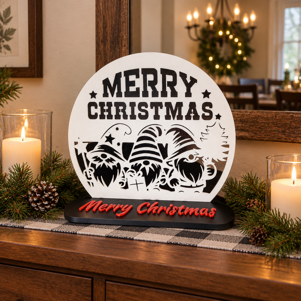 Merry Christmas Gonk topper styled on a dining table with festive greenery