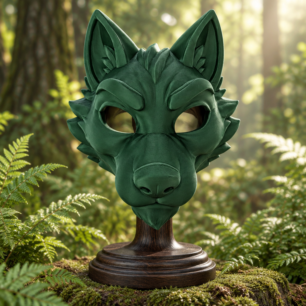 Forest green Dire Wolf fantasy mask on display in a woodland setting, without a strap