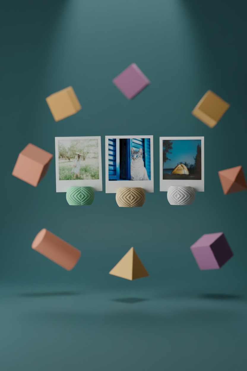 Three Geometric Mini Photo Holders sage green beige chalk white matte diamond lattice pebble form each holding square Instax polaroid print pale oak desk bright Japandi home office ceramic plant pot linen notebook soft morning window light portrait