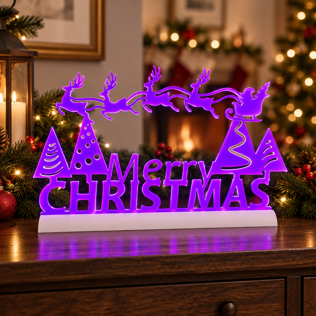 Neon purple Merry Christmas sign on a white base in a softly lit Christmas scene