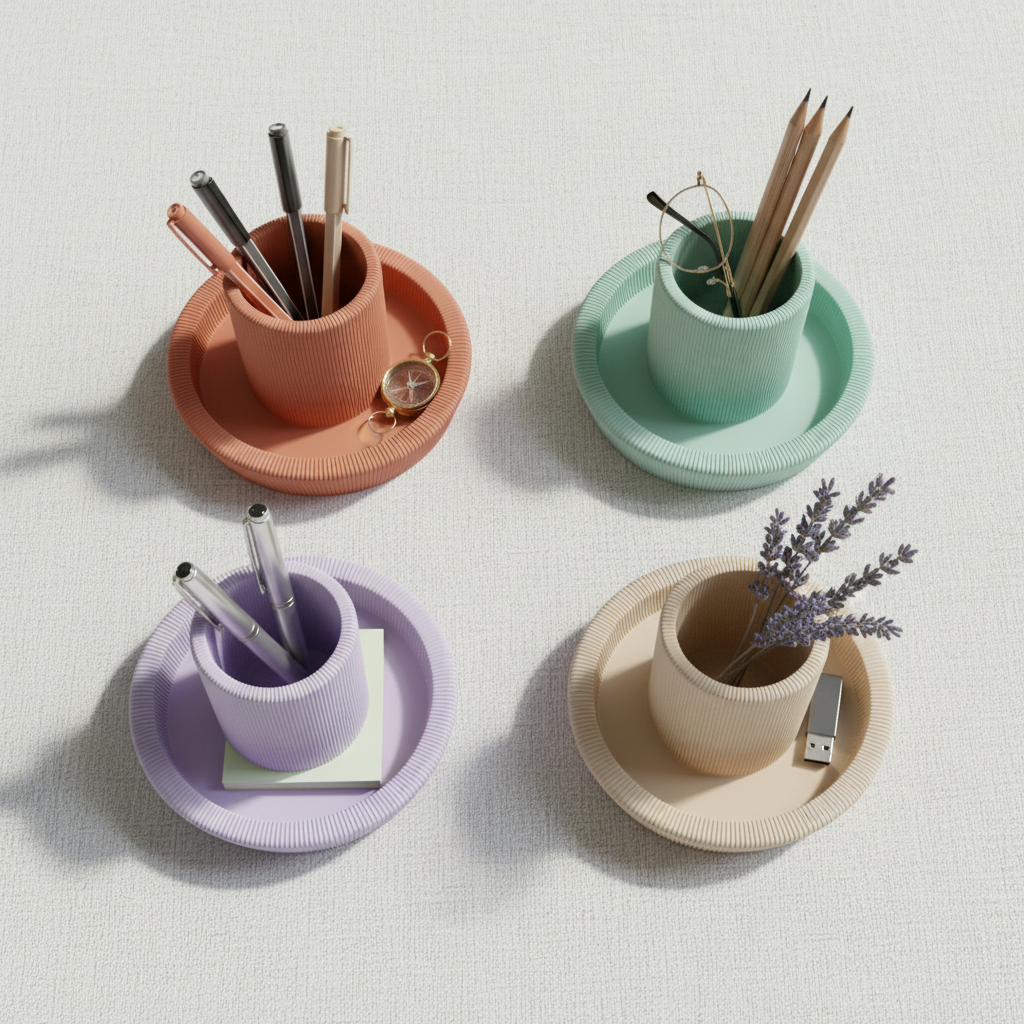 Four colour ribbed organisers flatlay showing texture detail - lifestyle