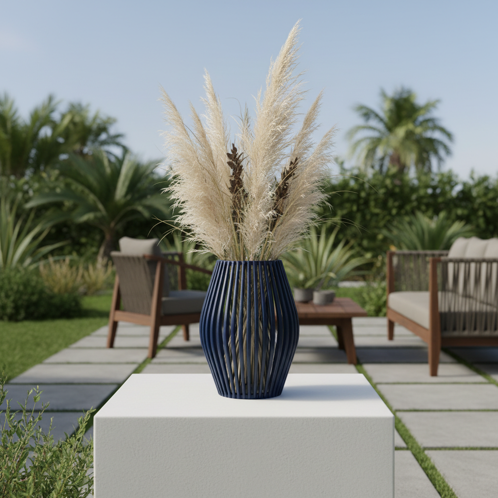 Navy blue Versa slatted vase on white plinth outdoors on patio with dried grasses, natural daylight