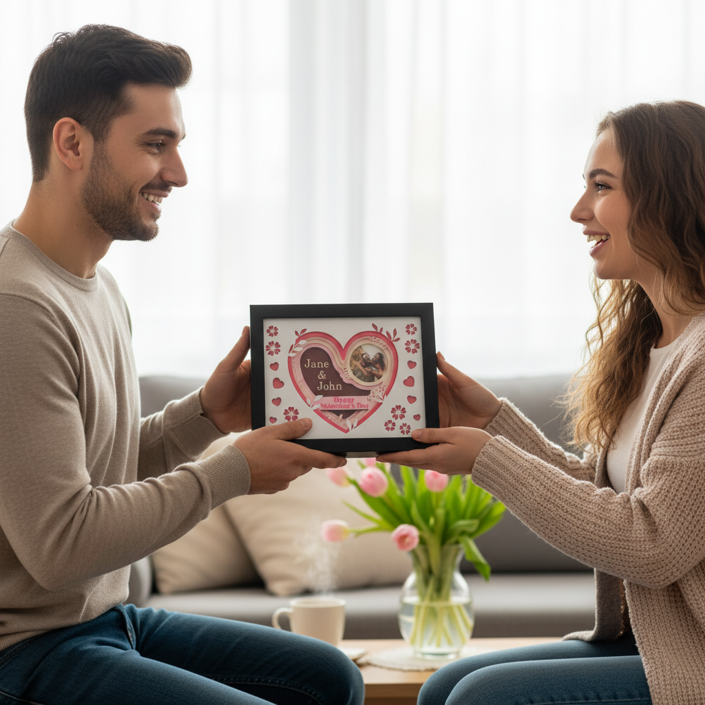 Personalised Valentine's Day Heart Shadow Box being presented as a gift by a man to a woman on Valentine's Day