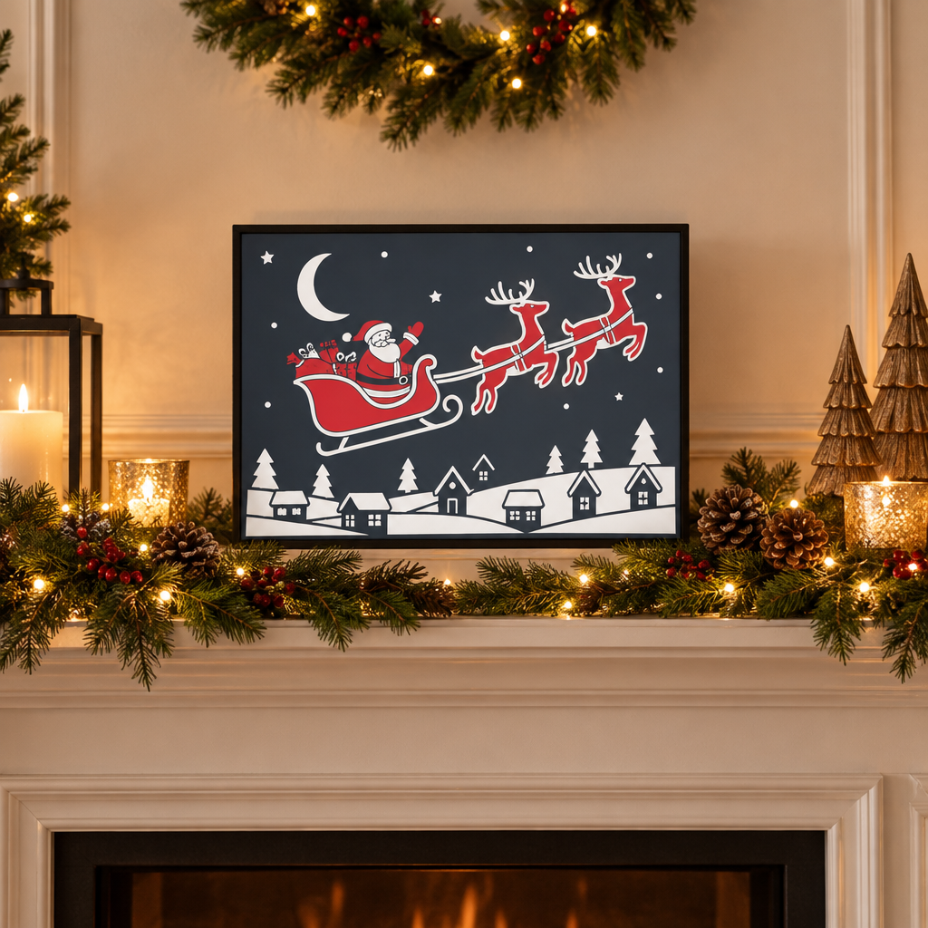 Black-framed Santa and reindeer picture displayed above a festive fireplace mantel