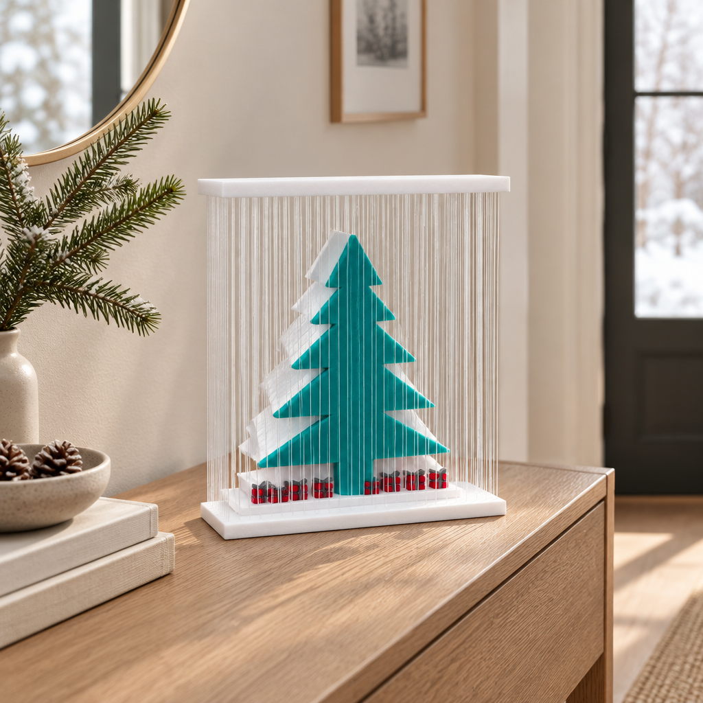 Teal-green Christmas tree in a white strand frame with red-and-dark base details, styled on a neutral entryway console.