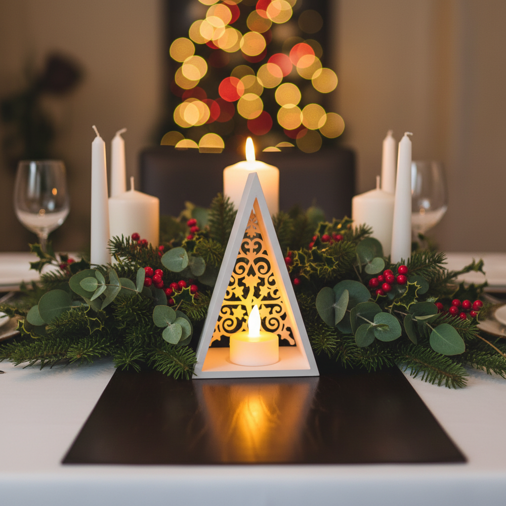 Pyramid lantern on festive dining table centrepiece with greenery and white candles lifestyle