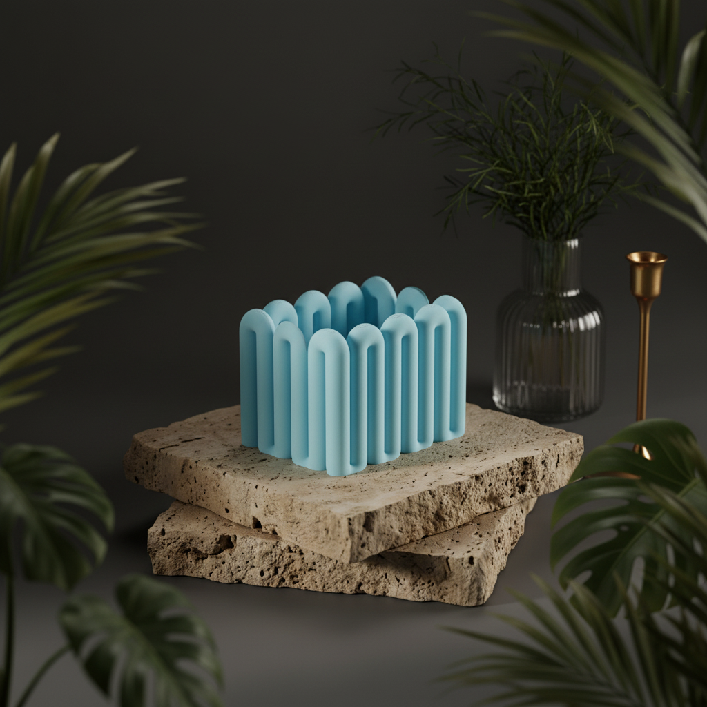 Blue wibble storage box on travertine plinth with monstera brass candlestick moody contemporary lifestyle