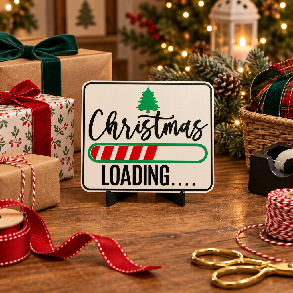 Christmas Loading Sign displayed beside wrapped gifts and ribbon