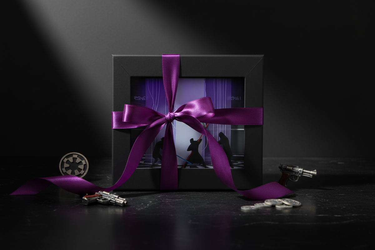 Duel in Theed Shadow Box presented as a gift in a sleek black box with purple ribbon