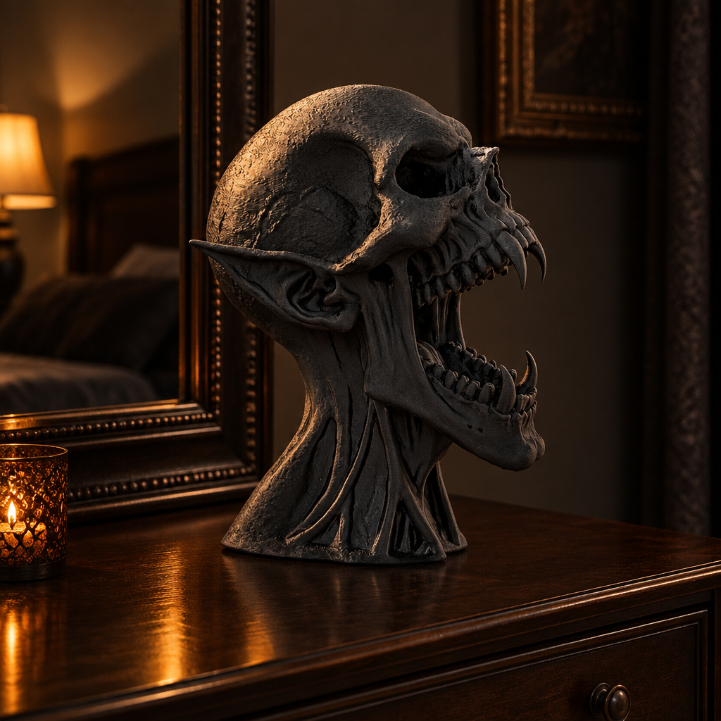 Black Vampire Skull on an entryway console with autumn leaves