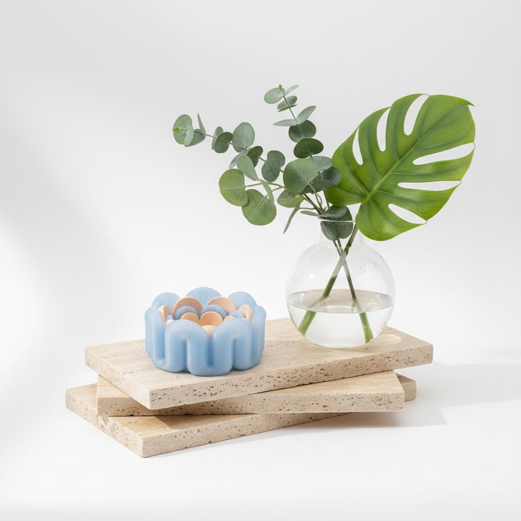Blue wibble nested trays on travertine with eucalyptus and monstera bright airy lifestyle