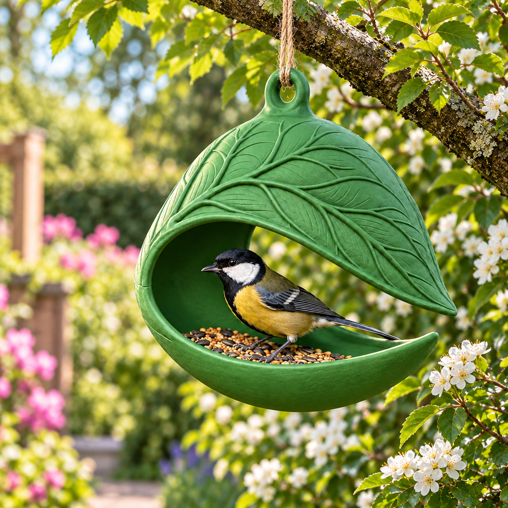 Green Leaf Nest bird feeder near a flowering hedge