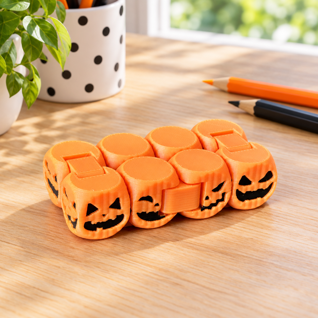 Orange pumpkin fidget chain beside pencils on a bright activity table