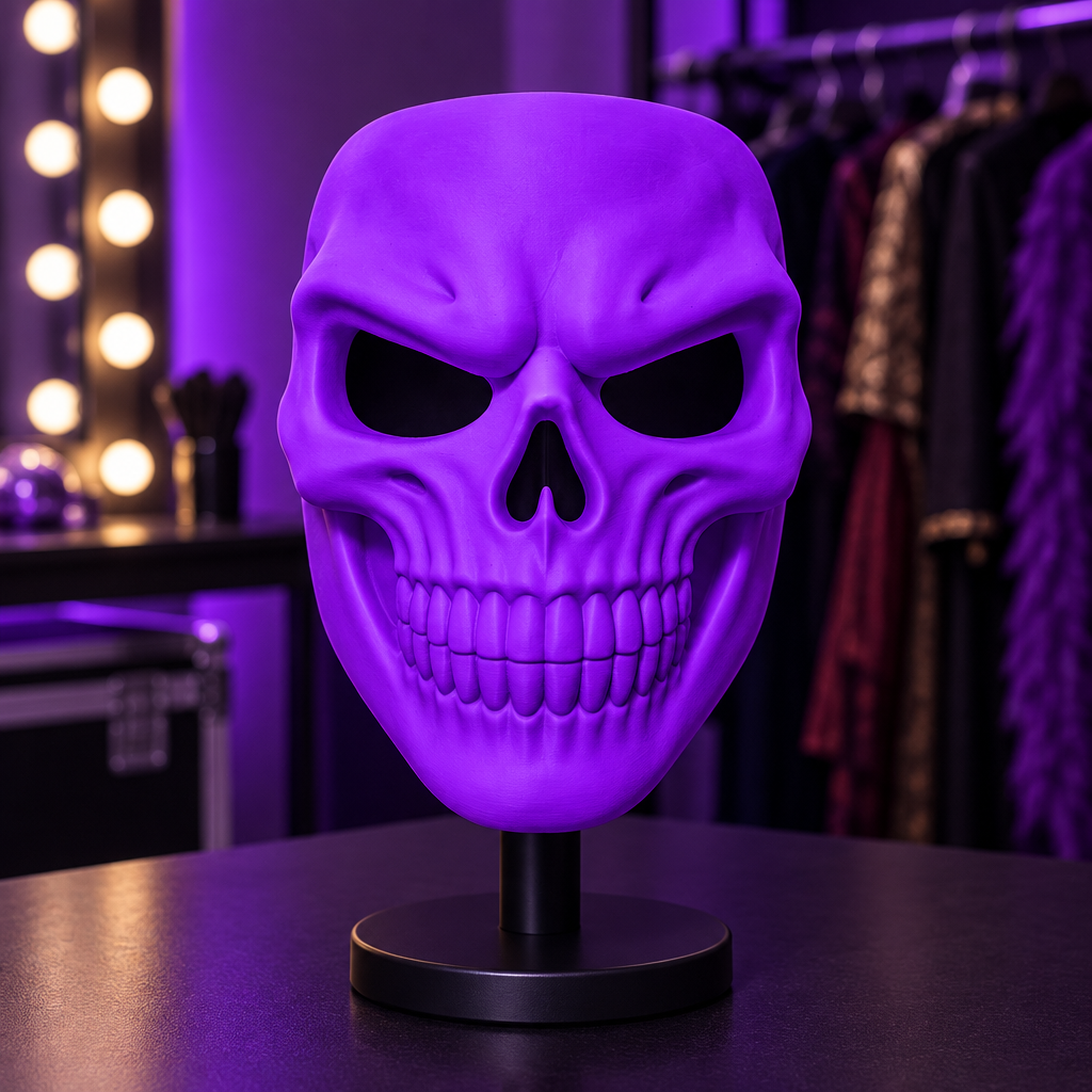 Neon Purple Grinning Skull Mask on a stand in a theatre dressing room.