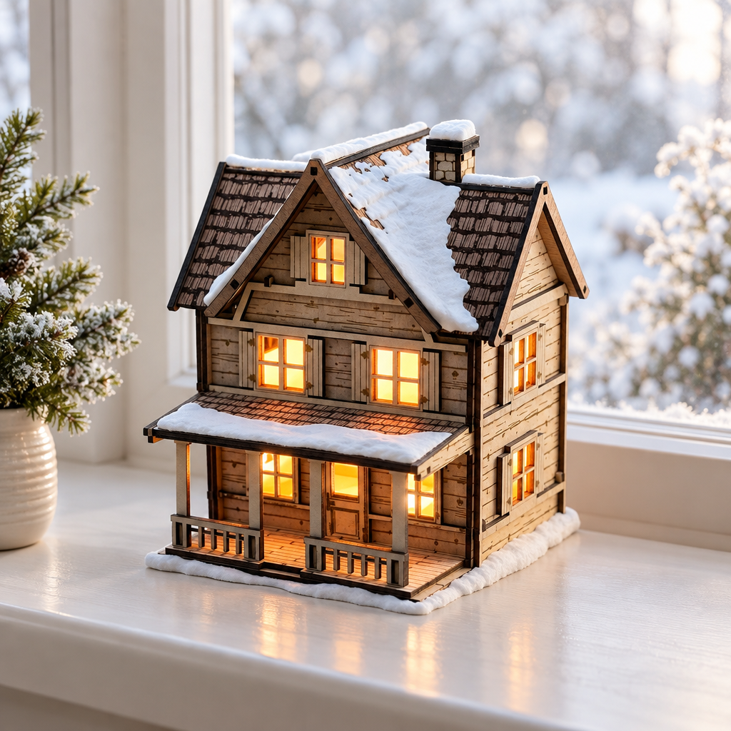 Tealight House on a windowsill with a softly blurred winter garden outside