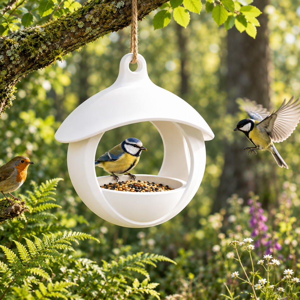 Spherical bird feeder beside woodland ferns