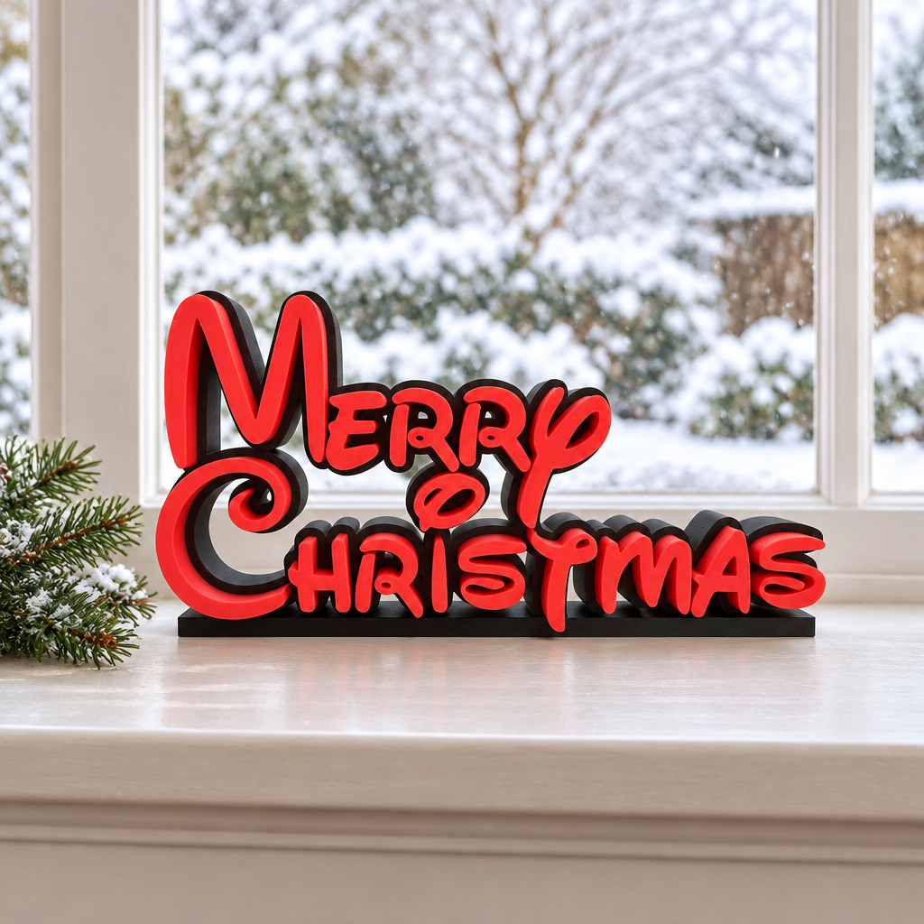 Black Merry Christmas sign with red wording styled against a winter window