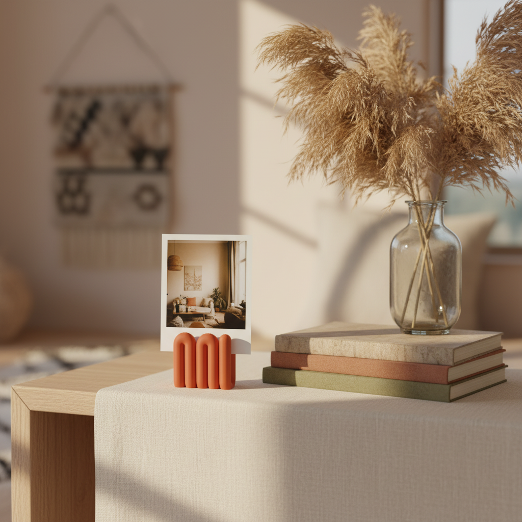 Orange wibble photo holder on boho shelf - lifestyle