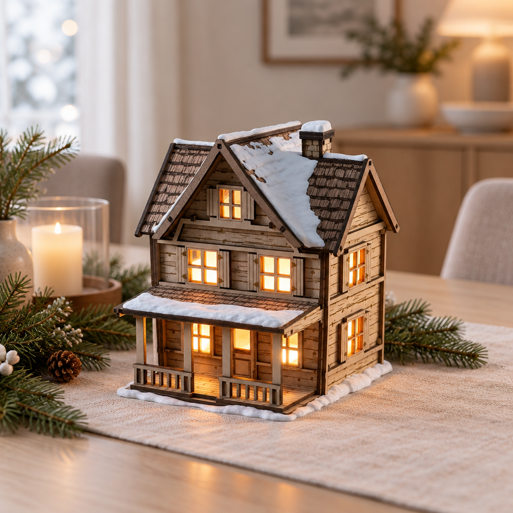 Tealight House as a winter dining-table centrepiece with restrained greenery