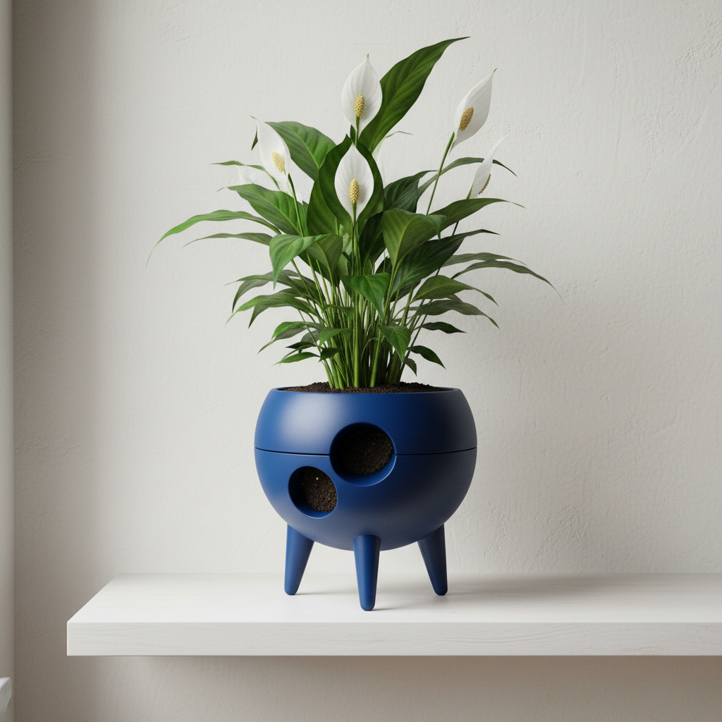 Deep blue Spaced-Out planter with a peace lily on a minimalist Japandi shelf