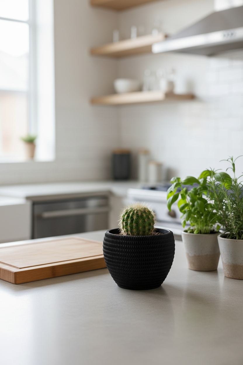 Black geometric planter with cactus on concrete kitchen counter - lifestyle