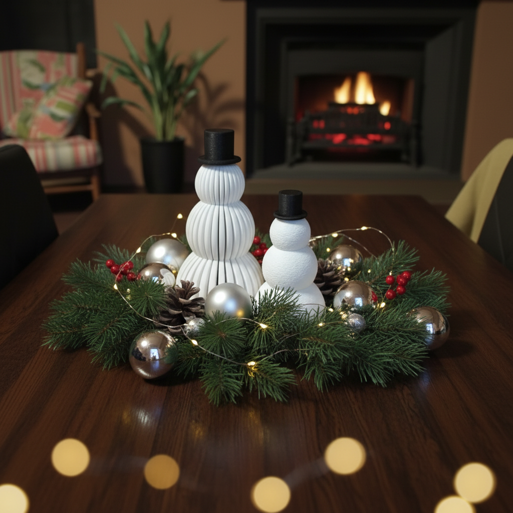 Snowmen centred on dining table with silver baubles and fairy lights