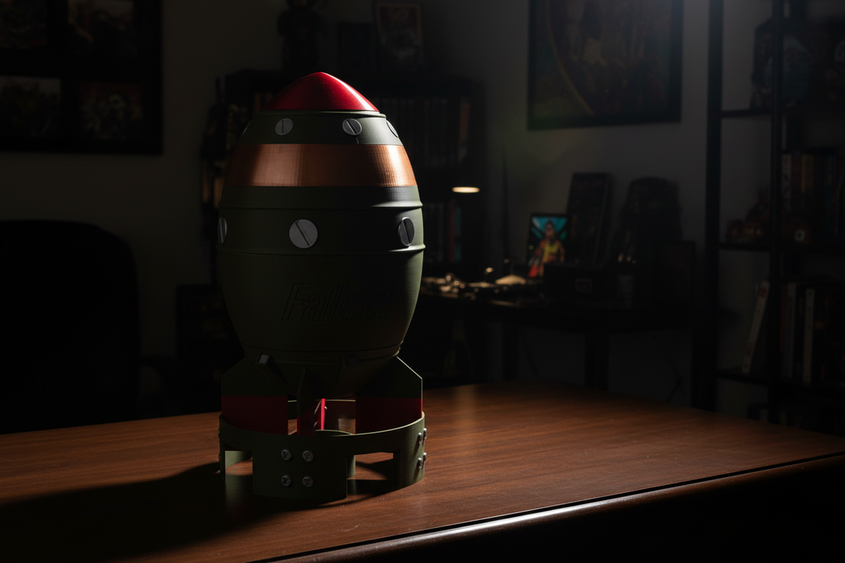 Fallout Mini Nuke display model on a dark wooden desk in a dimly lit collector's room with dramatic side lighting emphasising the industrial retro-futuristic design