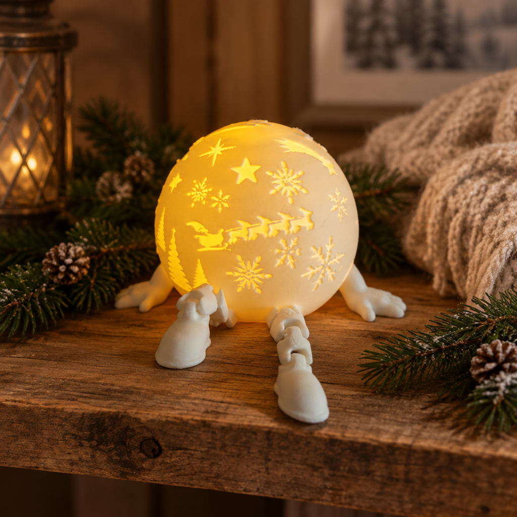White legged snow-globe-style tealight holder styled on a rustic wooden shelf with winter greenery