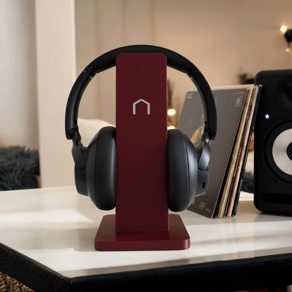 Minimalist Headphone Holder - red colourway on music studio desk with vinyl records
