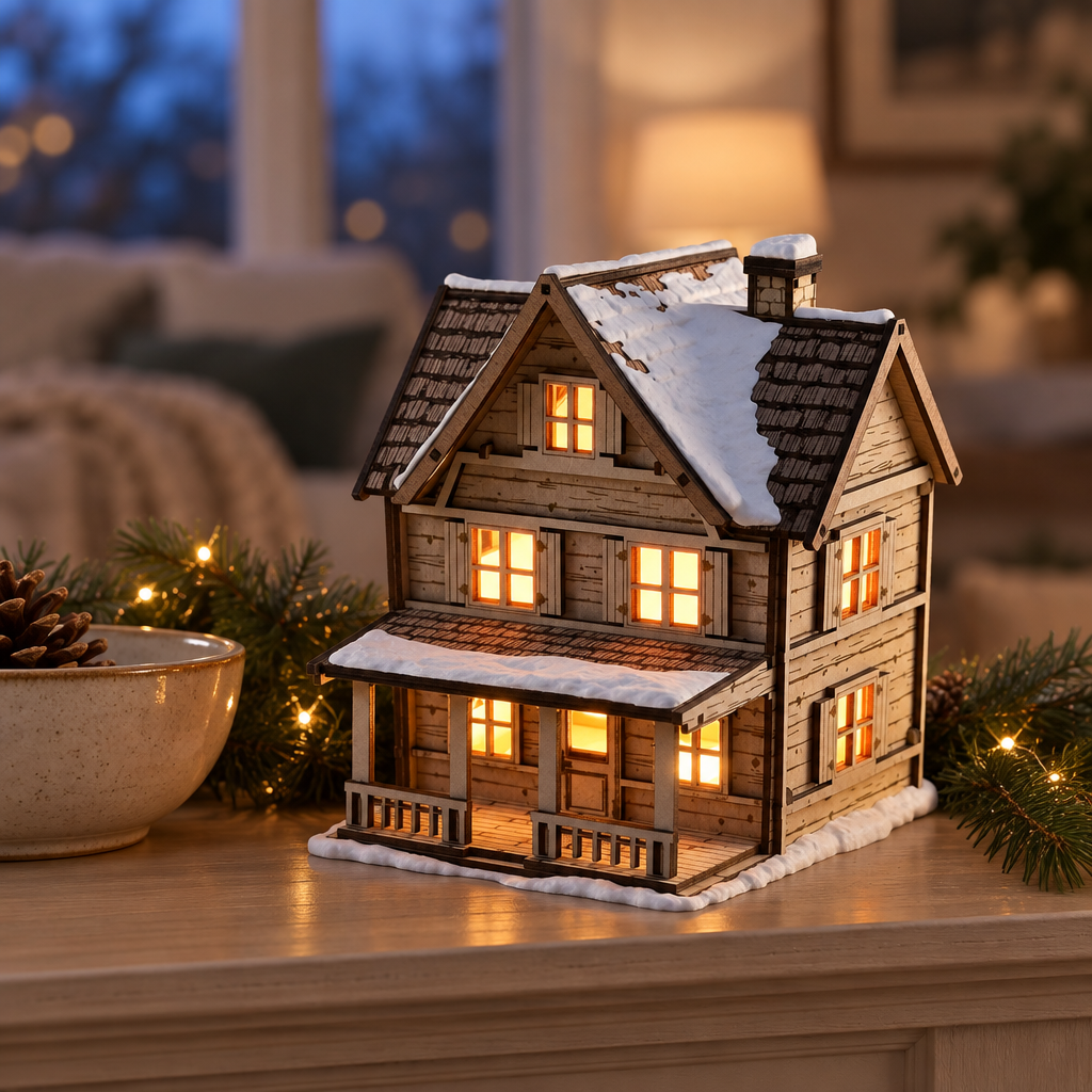 Tealight House on a console in a softly lit festive living room