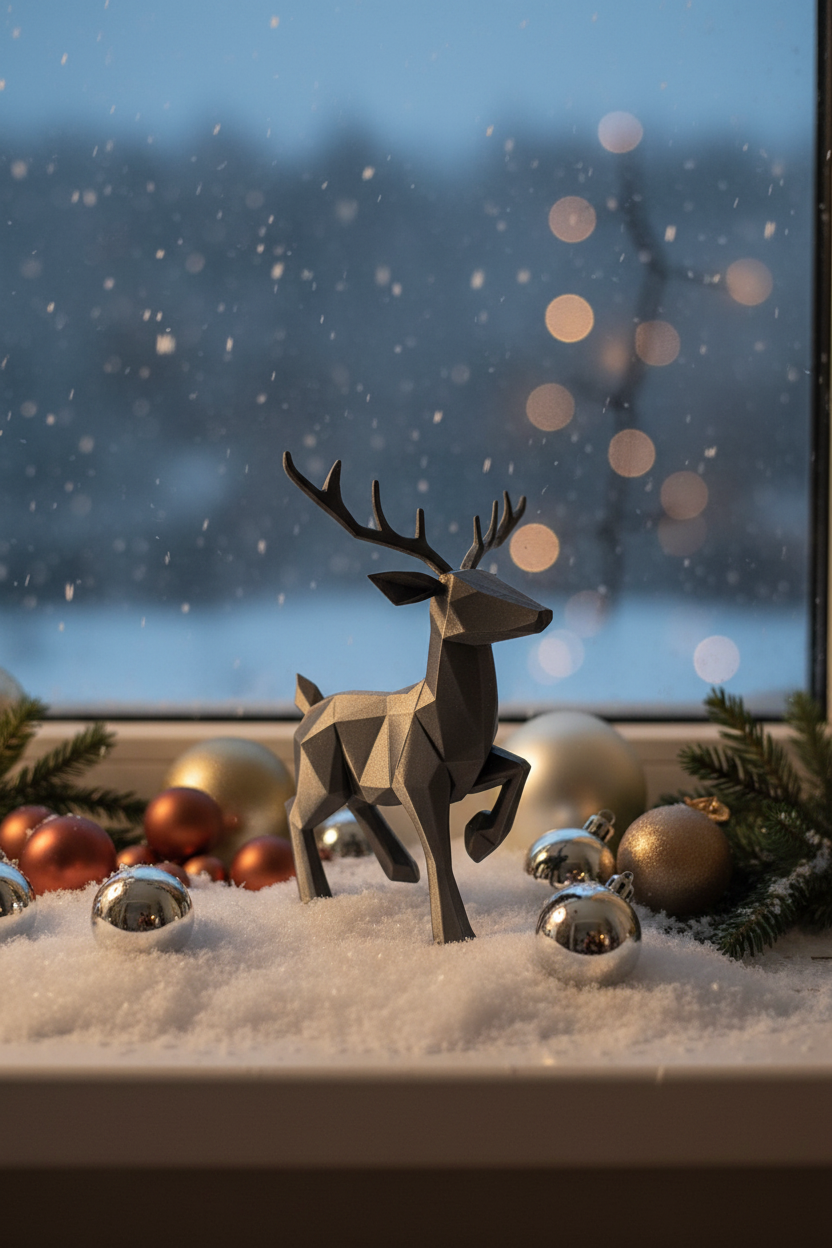 Low poly reindeer on snowy windowsill with winter view lifestyle