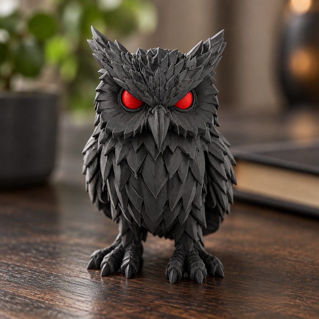 Close-up of Crimson Watcher Owl feathers and red eyes