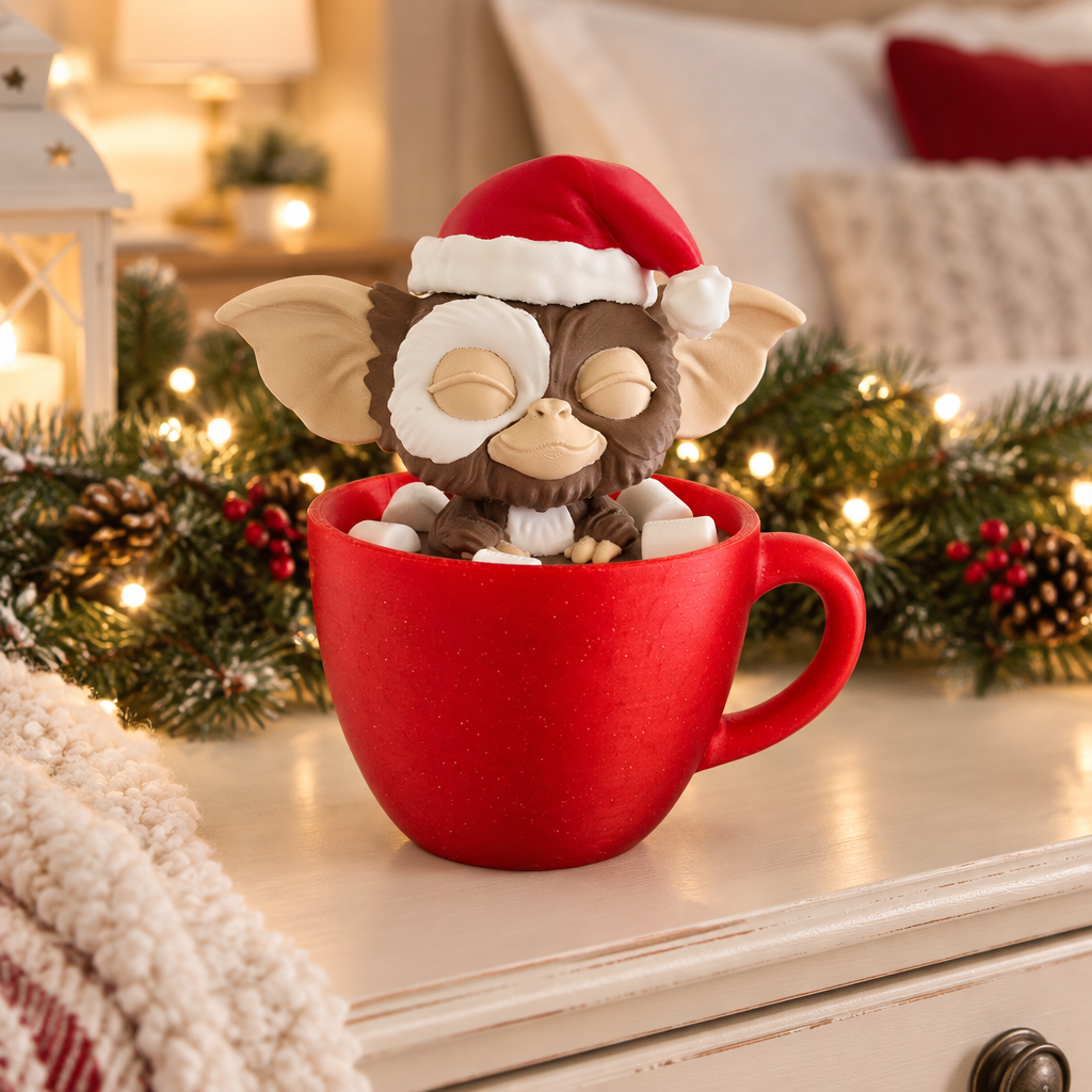 Gizmo in a red mug on a pale dresser with evergreen and warm lights