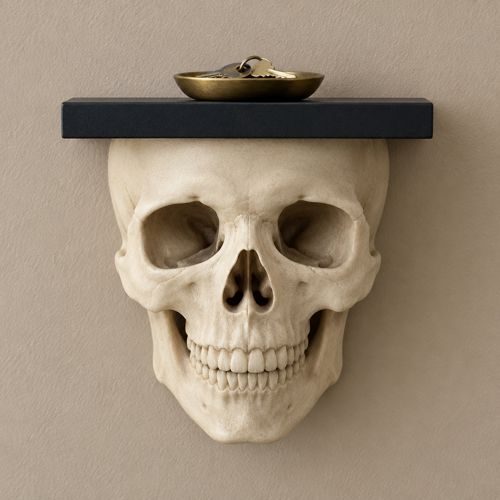 Front-facing Skull Shelf styled in a warm taupe hallway