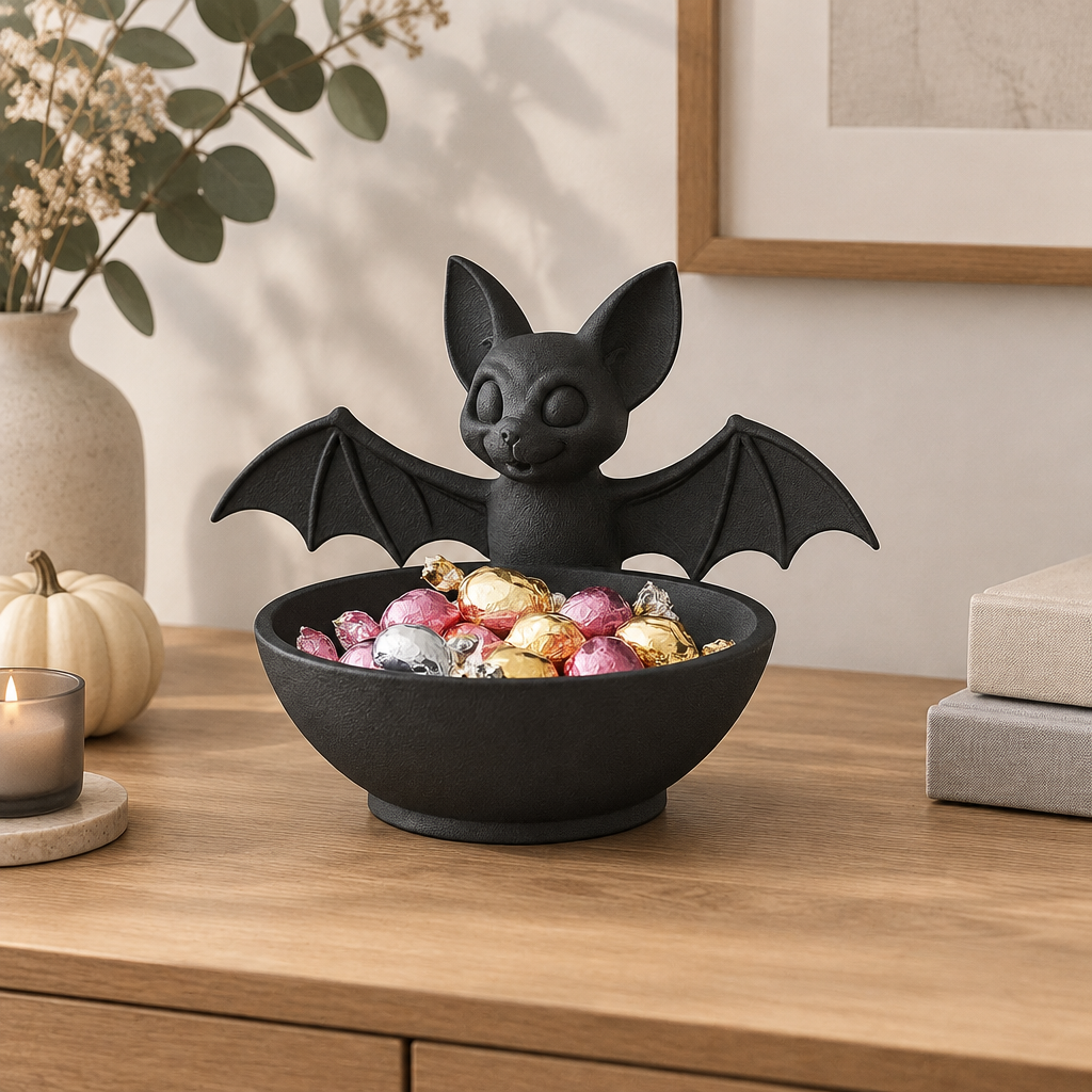 Black Bat Sweet Tray with wrapped sweets on a modern neutral console